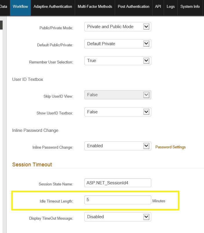 The Workflow tab's Session Timeout section, with the Idle Timeout Length field highlighted, currently set to 5 minutes.
