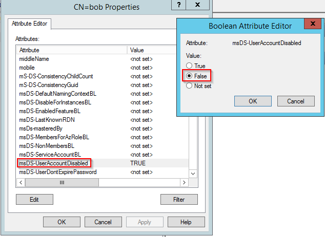ADSI Edit showing a user object's Attribute Editor with msDS-UserAccountDisabled set to TRUE, and a Boolean Attribute Editor dialog changing that value to False.