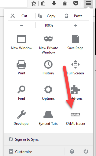 The SAML-tracer add-on open in Firefox's toolbar.