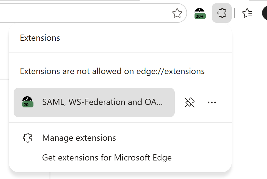 The SAML-tracer add-on listed in Microsoft Edge's Extensions menu, available to open from the toolbar.