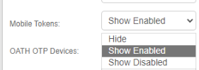 Mobile Tokens dropdown on the Configure Self Service Page settings, with the options Hide, Show Enabled, and Show Disabled, and Show Enabled selected.