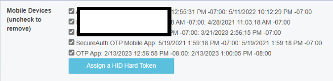 Helpdesk or Self Service device management page now listing several enrolled Mobile Devices along with a SecureAuth OTP Mobile App entry and an OTP App entry.