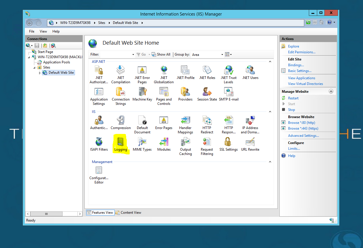 IIS Manager with Default Web Site selected and the Logging feature highlighted.