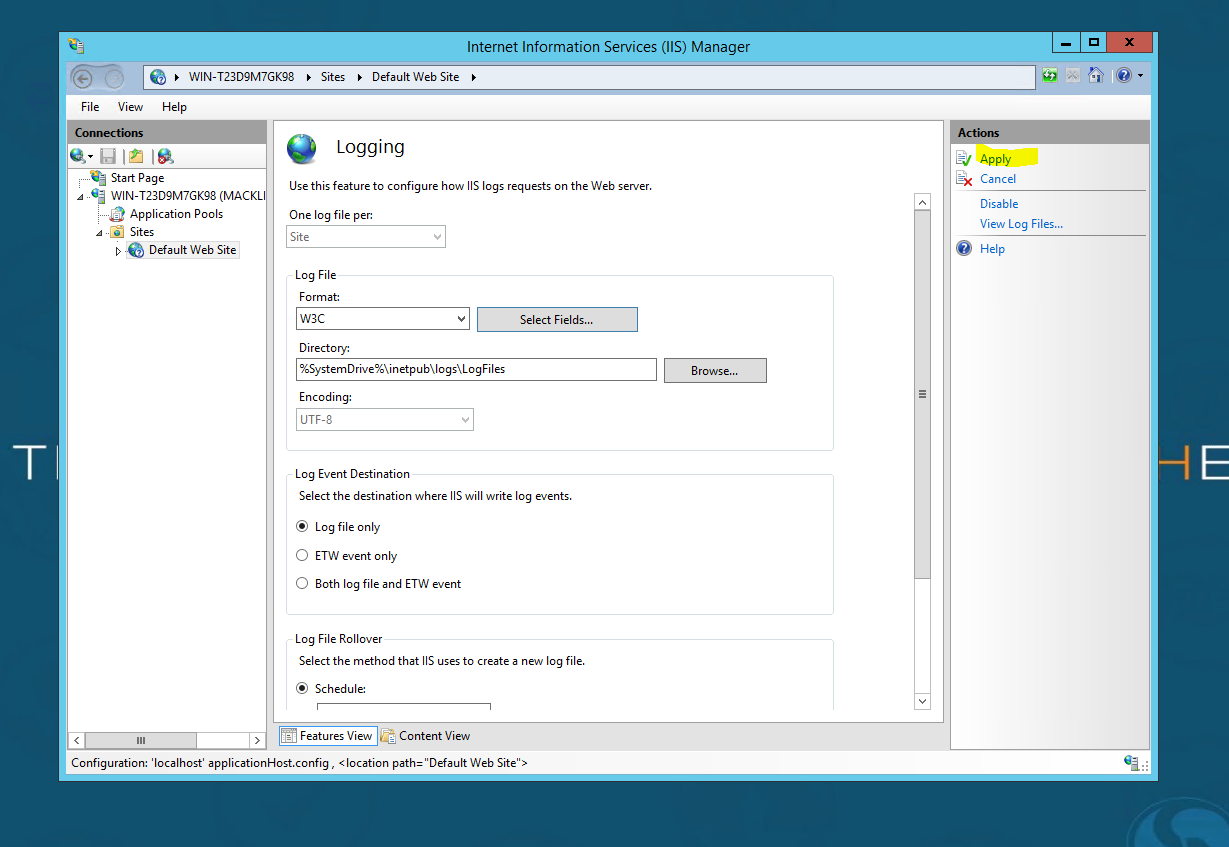The Logging page with the Apply action highlighted.
