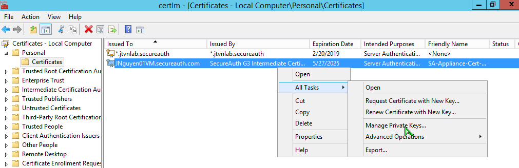 The right-click context menu for a certificate, with All Tasks > Manage Private Keys highlighted.