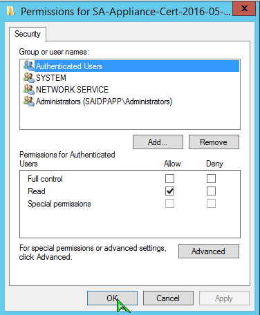 The certificate's private key permissions, with Authenticated Users selected and Read access allowed.