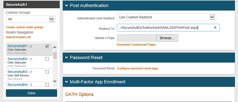 Realm 1's Post Authentication tab, with Authenticated User Redirect set to Use Custom Redirect and Redirect To set to ../SecureAuth2/Authorized/SAML20SPInitPost.aspx.