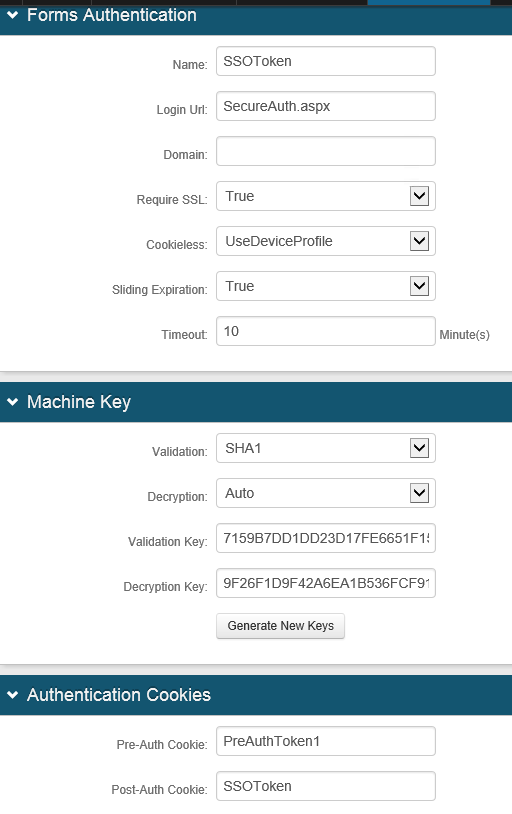 The Post Authentication tab's Forms Authentication, Machine Key, and Authentication Cookies sections, with the Name field and the Post-Auth Cookie field both set to SSOToken.