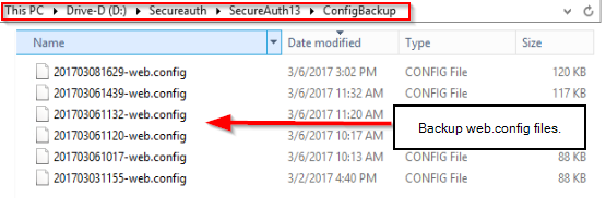 The ConfigBackup folder for a realm, listing timestamped web.config backup files.