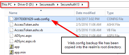 A timestamped web.config backup file copied into the realm's root folder.