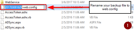The timestamped backup file being renamed to web.config.