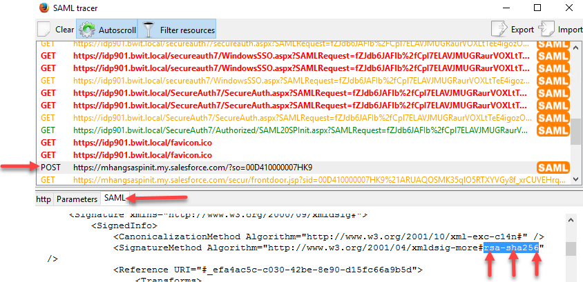 The SAML tab in SAML-tracer, showing the SignatureMethod element's Algorithm attribute in the signed SAML response.
