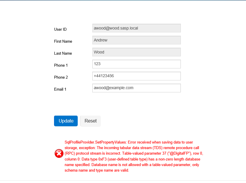 A Profile Update form with User ID, First Name, Last Name, Phone 1, Phone 2, and Email 1 fields, showing the SqlProfileProvider.SetPropertyValues TDS error in red below the Update and Reset buttons.