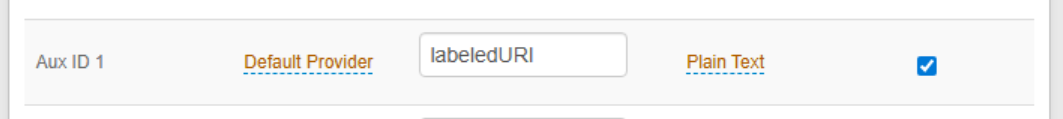 A Data tab row for Aux ID 1, mapped to the attribute labeledURI as Plain Text, with the Writable checkbox checked.