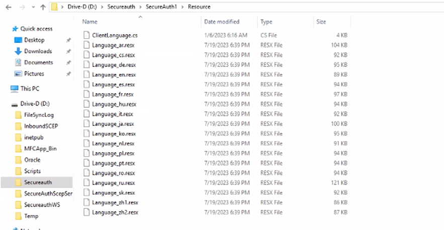 The same Resource folder after the hash files have been removed, showing only the language .resx files remaining.