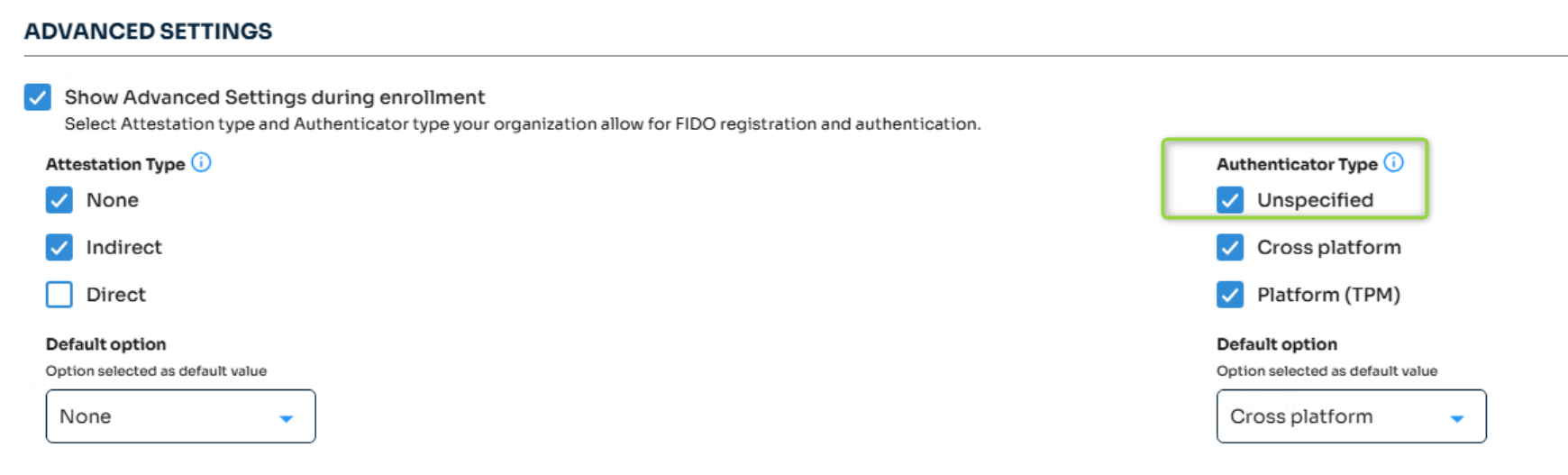 The same Advanced Settings with Unspecified now also checked alongside Cross platform and Platform (TPM) under Authenticator Type.