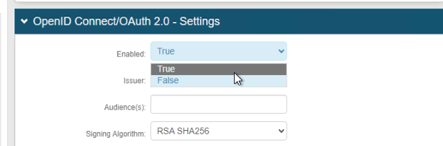The OpenID Connect/OAuth 2.0 Settings section on the Post Authentication tab, with the Enabled dropdown open and True selected.