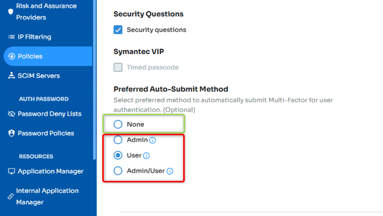 The Preferred Auto-Submit Method policy setting, with None as one radio-button option and Admin, User, and Admin/User grouped as the other options that enable Auto-Submit; User is currently selected.