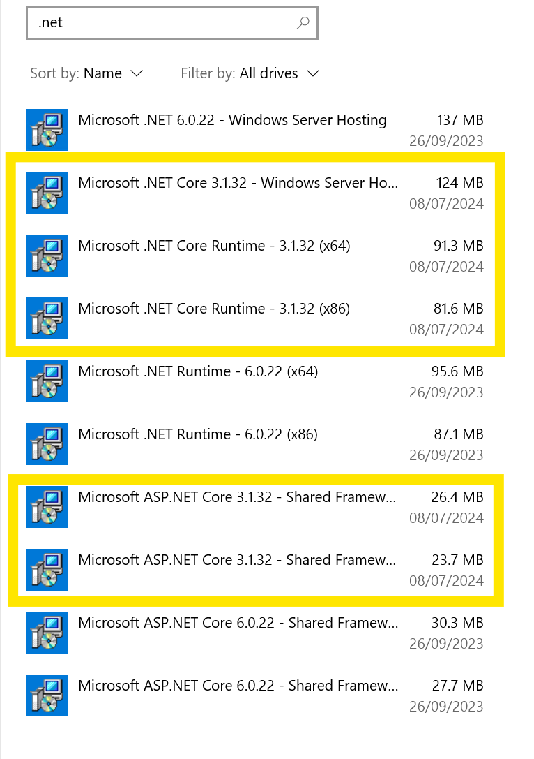 The Add and Remove Programs list after a 23.07 upgrade, with the old .NET Core 3.1 Windows Server Hosting, Runtime (x64), Runtime (x86), and both ASP.NET Core 3.1 Shared Framework entries highlighted as safe to remove.