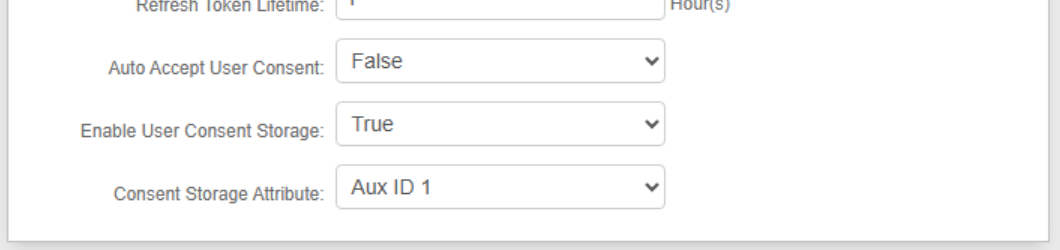 The Post Authentication tab in the Classic Experience, showing Enable User Consent Storage set to True and the Consent Storage Attribute set to Aux ID 1.