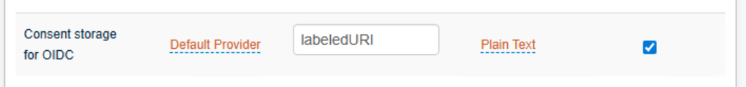 A Data tab row labeled Consent storage for OIDC, mapped to the attribute labeledURI as Plain Text, with the Writable checkbox checked.