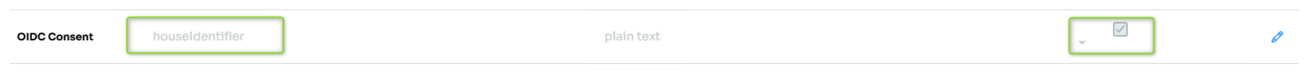 The New Experience Datastore Properties page, showing an OIDC Consent row mapped to the attribute houseIdentifier as plain text, with its Writable checkbox checked.