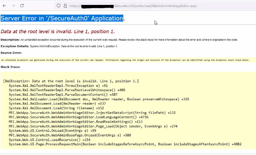 A Server Error in '/SecureAuth0' Application page, showing an XmlException: Data at the root level is invalid, with a stack trace through MFC.WebApp.SecureAuth.WebAdminVerbiageEditor.