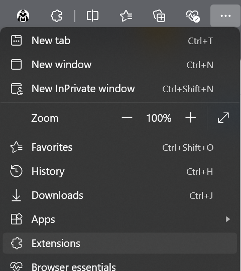 The Edge browser's main menu with Extensions highlighted.