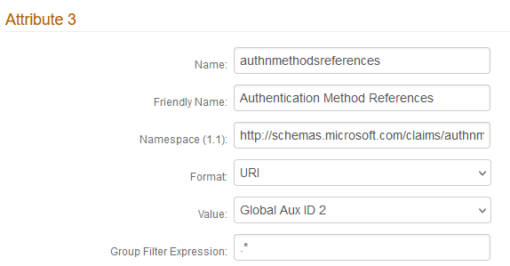 Attribute 3 on the Post Authentication tab, with Name set to authnmethodsreferences, Friendly Name set to Authentication Method References, Format set to URI, Value set to Global Aux ID 2, and Group Filter Expression set to .*.