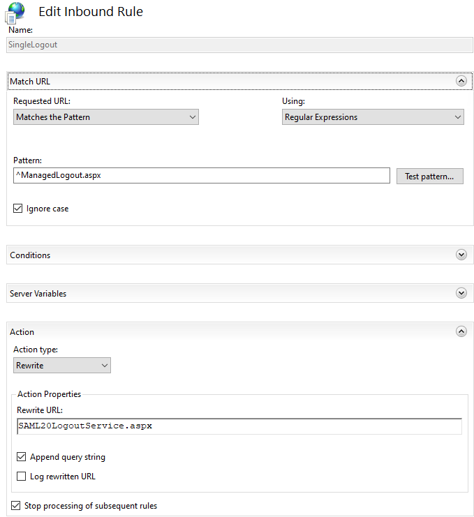 The IIS Edit Inbound Rule dialog named SingleLogout, matching the pattern ^ManagedLogout.aspx with regular expressions, rewriting to SAML20LogoutService.aspx, with Append query string and Stop processing of subsequent rules both checked.