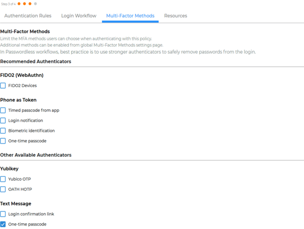 The Multi-Factor Methods tab of the Policy, with One-Time Passcode via text message selected as the only allowed method.