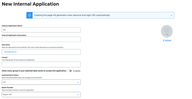 The New Internal Application form for the second realm, with the Authentication Policy set to the policy created in step 3.