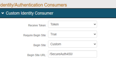 The Custom Identity Consumer section on the second realm's Workflow tab, with Receive Token set to Token, Require Begin Site set to True, Begin Site set to Custom, and the Begin Site URL set to the first realm's path.