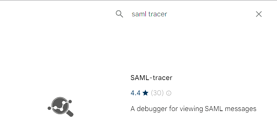 The Chrome Web Store search results for 'saml tracer', showing the SAML-tracer extension with a 4.4-star rating.