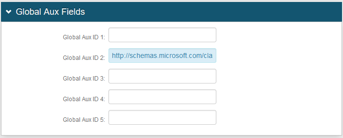 The Global Aux Fields panel on the Data tab, with Global Aux ID 2 set to http://schemas.microsoft.com/claims/multipleauthn.