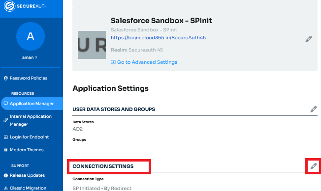 The Application Manager Connection Settings section for a SAML SP-initiated application, with the Connection Settings heading and its edit icon highlighted.