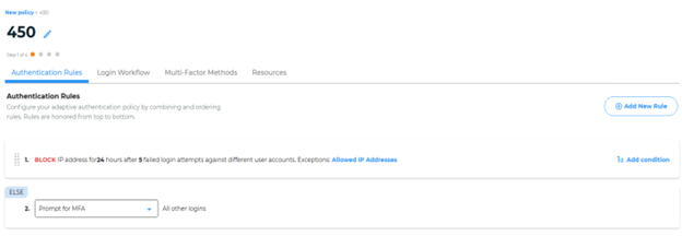 The Authentication Rules tab of a Policy, with a rule to block the IP after 5 failed attempts, and an Else rule set to Prompt for MFA for all other logins.
