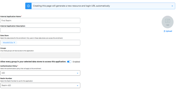 The New Internal Application form, with the Internal Application Name set to First Realm, a Data Store selected, and the Authentication Policy set to the policy created in step 1.
