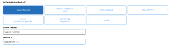 The Authenticate User Redirect settings set to Custom Redirect, with the Redirect To field pointing to the next realm in the chain.