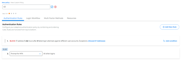 A new custom policy being created, on the Authentication Rules tab.