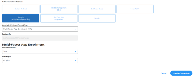 The Authenticate User Redirect settings for the second realm, set to a Generic redirect - in this example, a Multi-Factor App Enrollment URL.