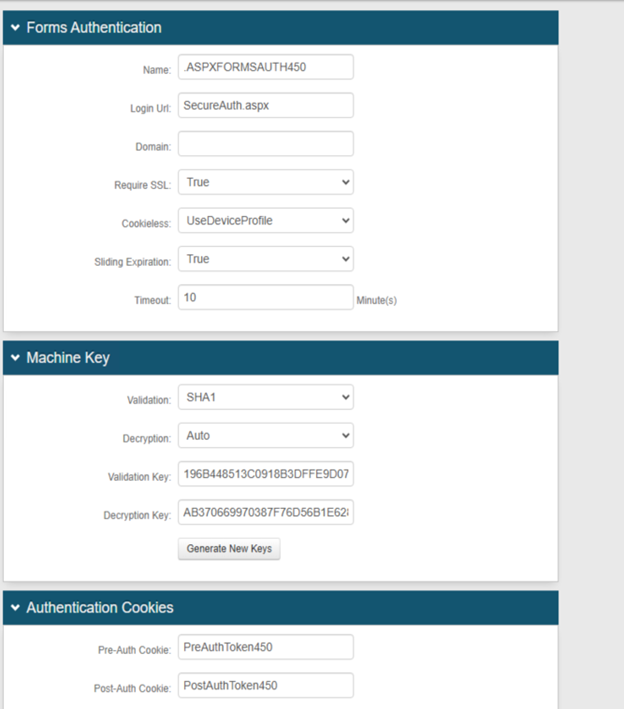The realm's FormsAuth Keys/SSO Token settings, showing the Forms Authentication, Machine Key, and Authentication Cookies sections with a Generate New Keys button.