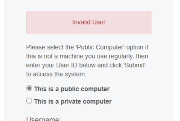 End-user login page showing an Invalid User error banner above the username/password fields.