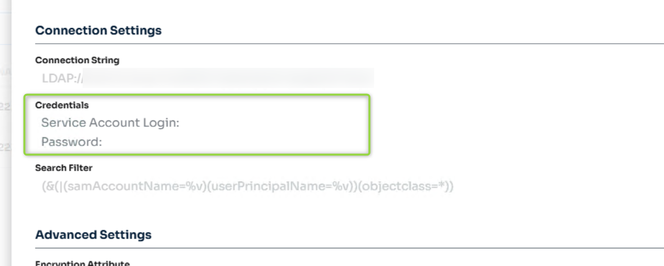 New Experience Datastore Connection Settings summary showing empty Service Account Login and Password fields under Credentials, despite the Connection String and Search Filter being populated.