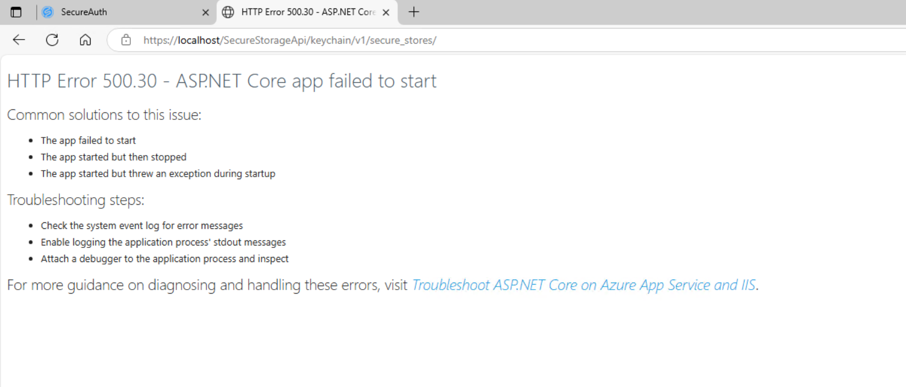 Browser showing HTTP Error 500.30 - ASP.NET Core app failed to start when browsing directly to the SecureStorageApi keychain endpoint.