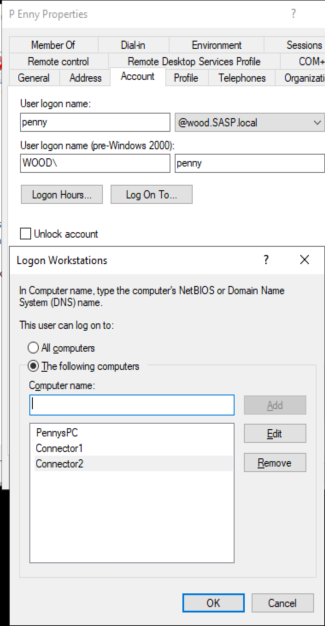 The same Logon Workstations dialog after adding two more computer names to the allowed list.