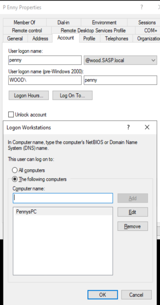 The Logon Workstations dialog for a user's Account properties, with 'The following computers' selected and one computer name already listed.