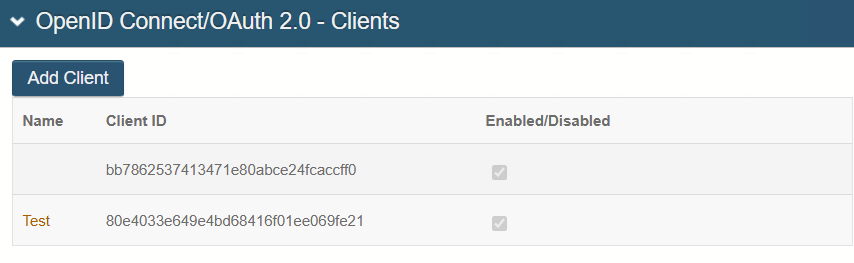 The OpenID Connect/OAuth 2.0 Clients list, showing one client with a blank Name and no clickable link, next to a named 'Test' client that does have one.