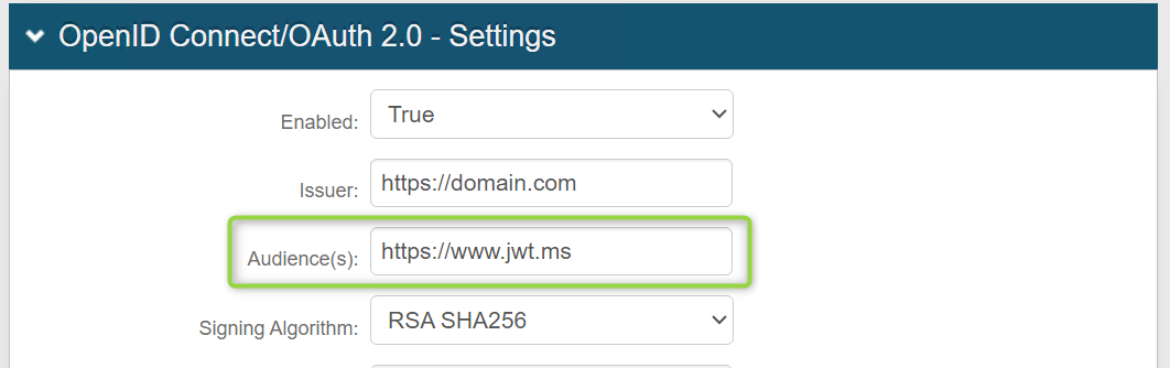 OpenID Connect / OAuth 2.0 Settings section on the Post Auth tab, with the Audience(s) field highlighted.