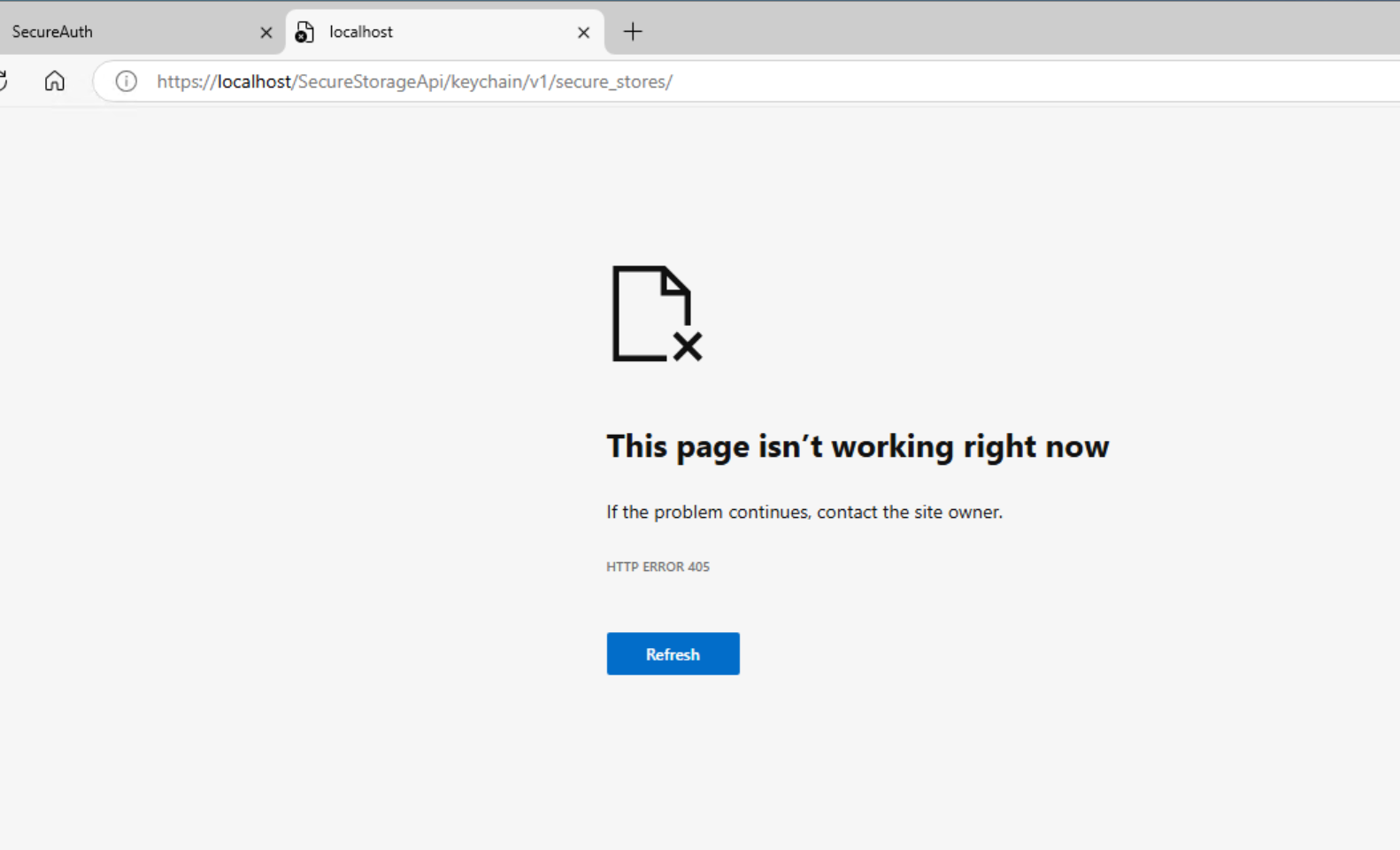 Browser showing a generic HTTP Error 405 page when browsing to the SecureStorageApi keychain endpoint, confirming the endpoint is reachable again.